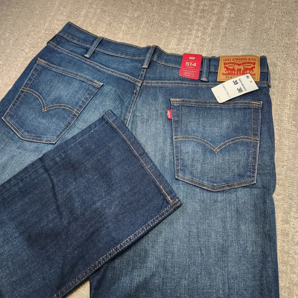 Levis 514 Jeans Men 38x30 Straight Leg Regular‎ Fit Whiskers Marble Blue Stretch